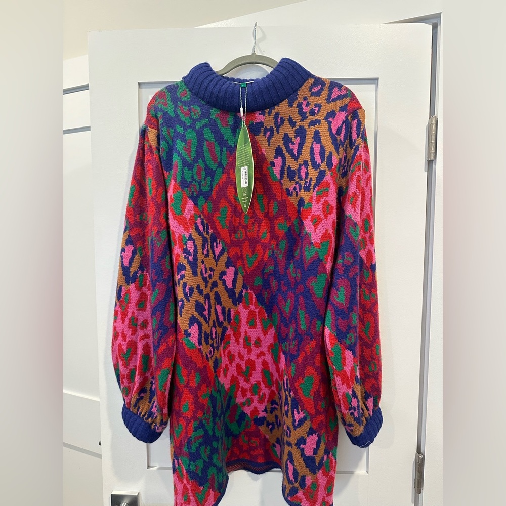 Farm Rio Mixed Leopard Balloon Sleeve Sweater Dress NWT